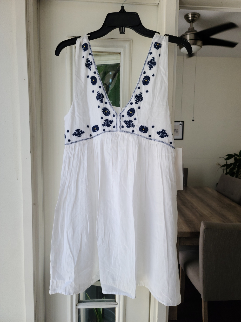 En Creme White Sundress with Navy Embroidery